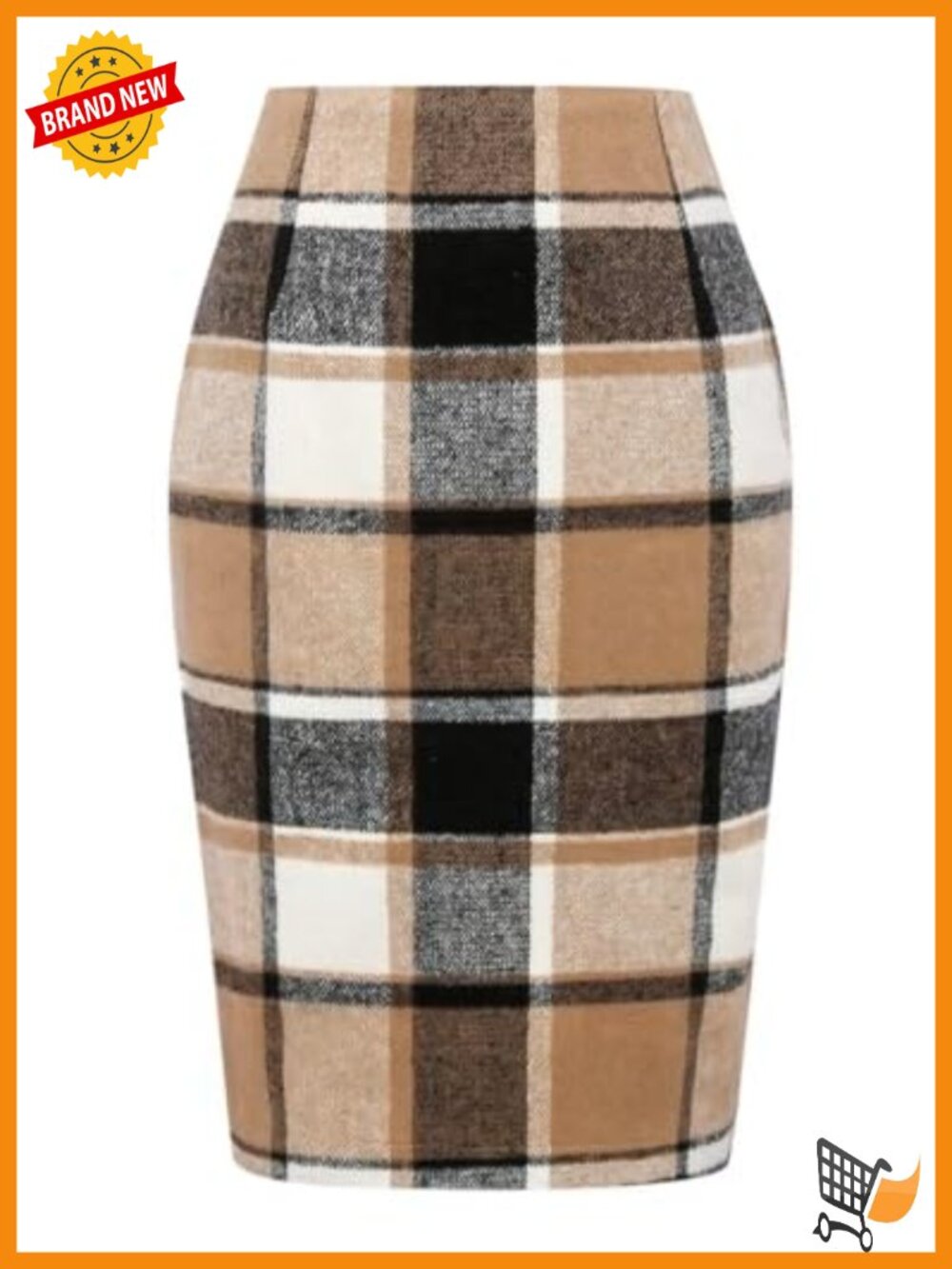 Wool Blend Plaid Pencil Skirt High Waist Knee Length Back Slit Office